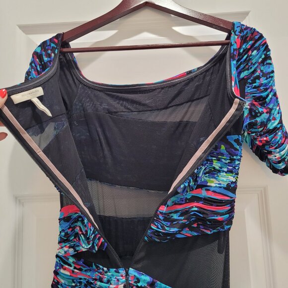 BCBG MAXAZRIA Runway Dress. Mesh Cutouts. Blue Abstract Bodycon. Size S. - Picture 14 of 16